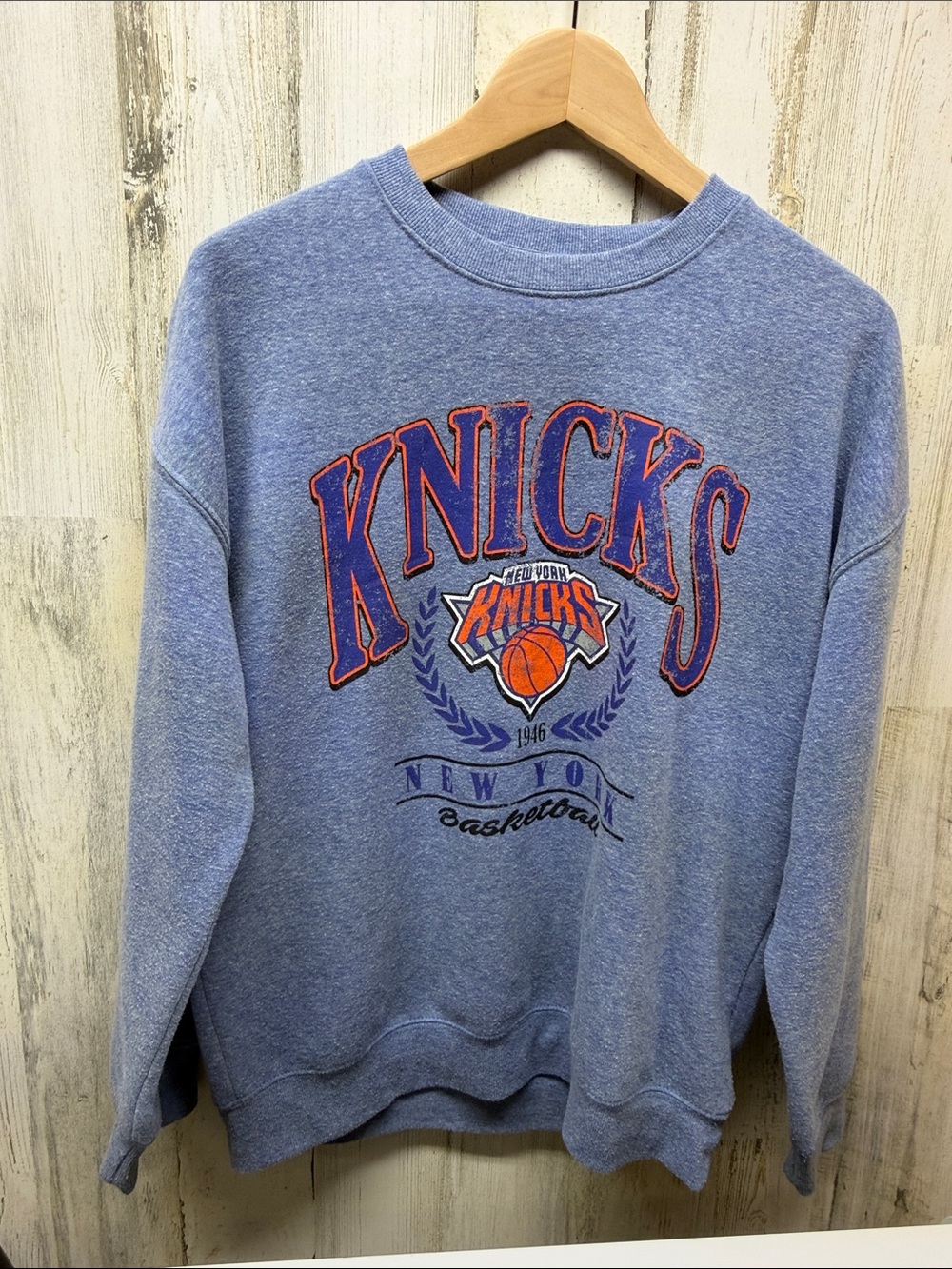 NBA Light Heather Blue Knicks Crewneck Sweatshirt with Orange and Navy Logo